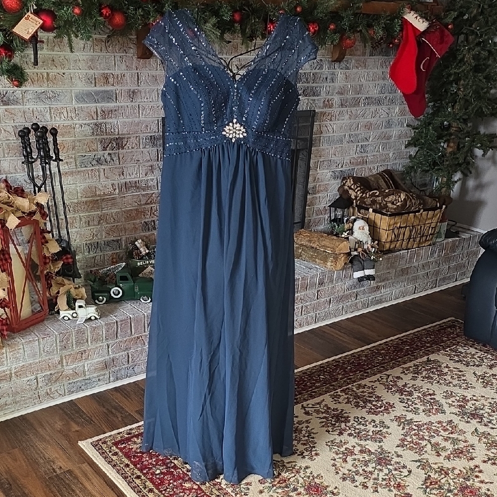 Azazie Navy Blue Maxi Dress with Embellishments